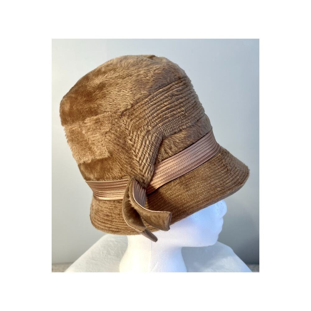 Martell Cloche Hat Bowler Hat Tan Faux Fur Mod Satin Sash Bow European Vintage